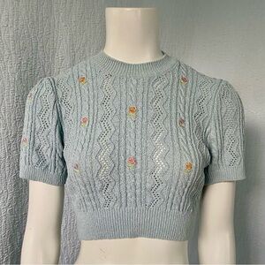 Zara Soft Blue Knit  embroidered Crop Short Sleeve Sweater Top
